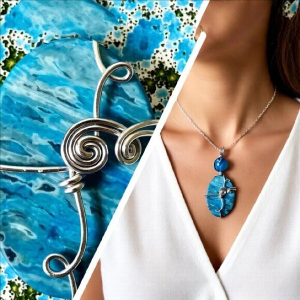 Blue Crazy Lace Agate & Banded Blue Agate ~ Wire Wrapped! Stacked Stone Pendant - Picture 2 of 14